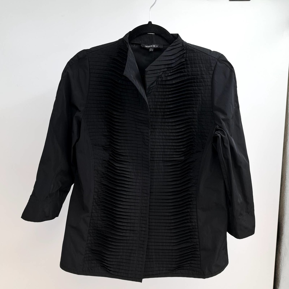Lafayette 148 New York Blouse 8 Pleated Button Front 3/4 Sleeve Casual Black